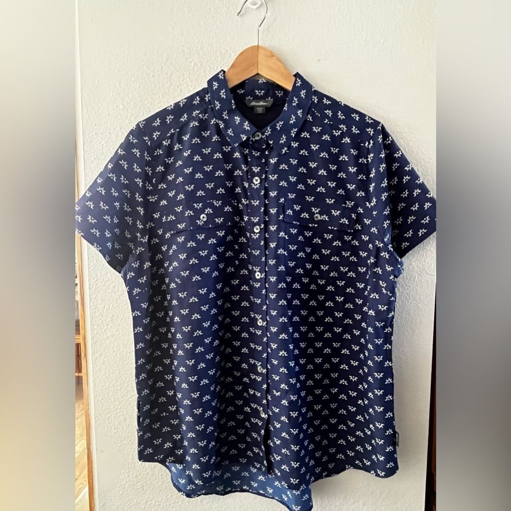 Eddie Bauer Navy Blue Button Down Shirt with White Pattern